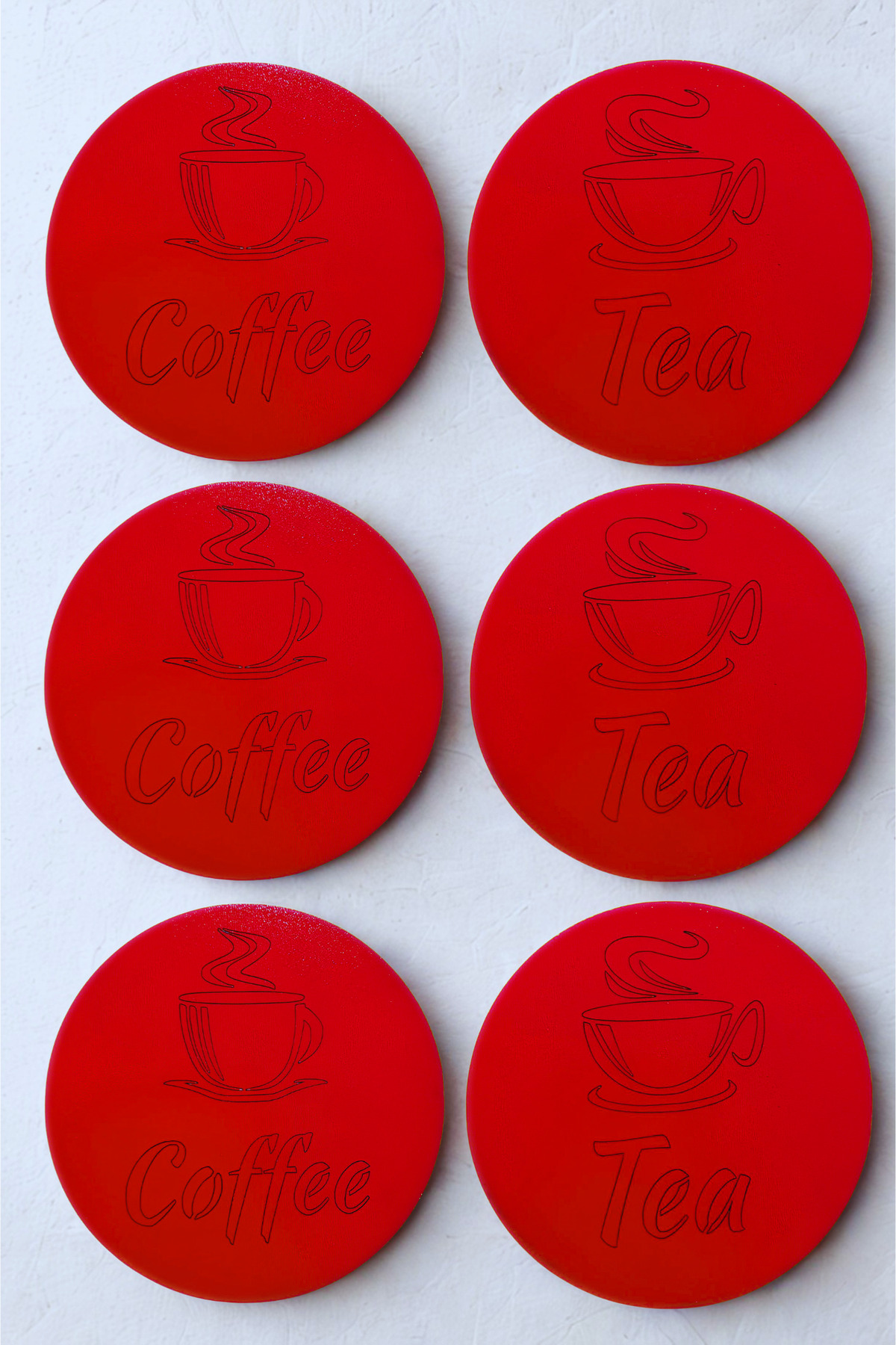 Wood Coaster Set 6-Piece Red Decorative Tea Coffee Serving Coaster with Coffee and Tea Text (10CM)