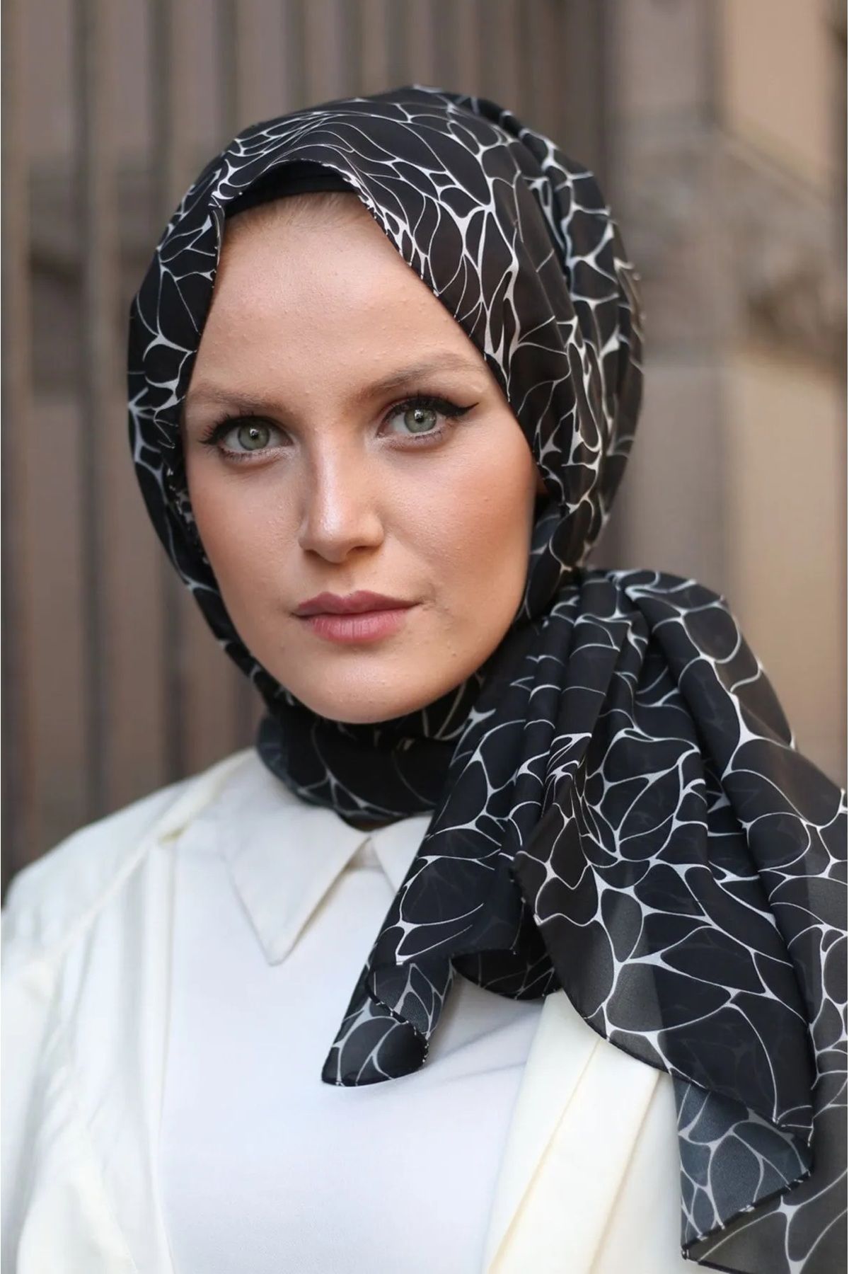 Stella-Watershine Patterned Chiffon Shawl Model Black and White Colored 1