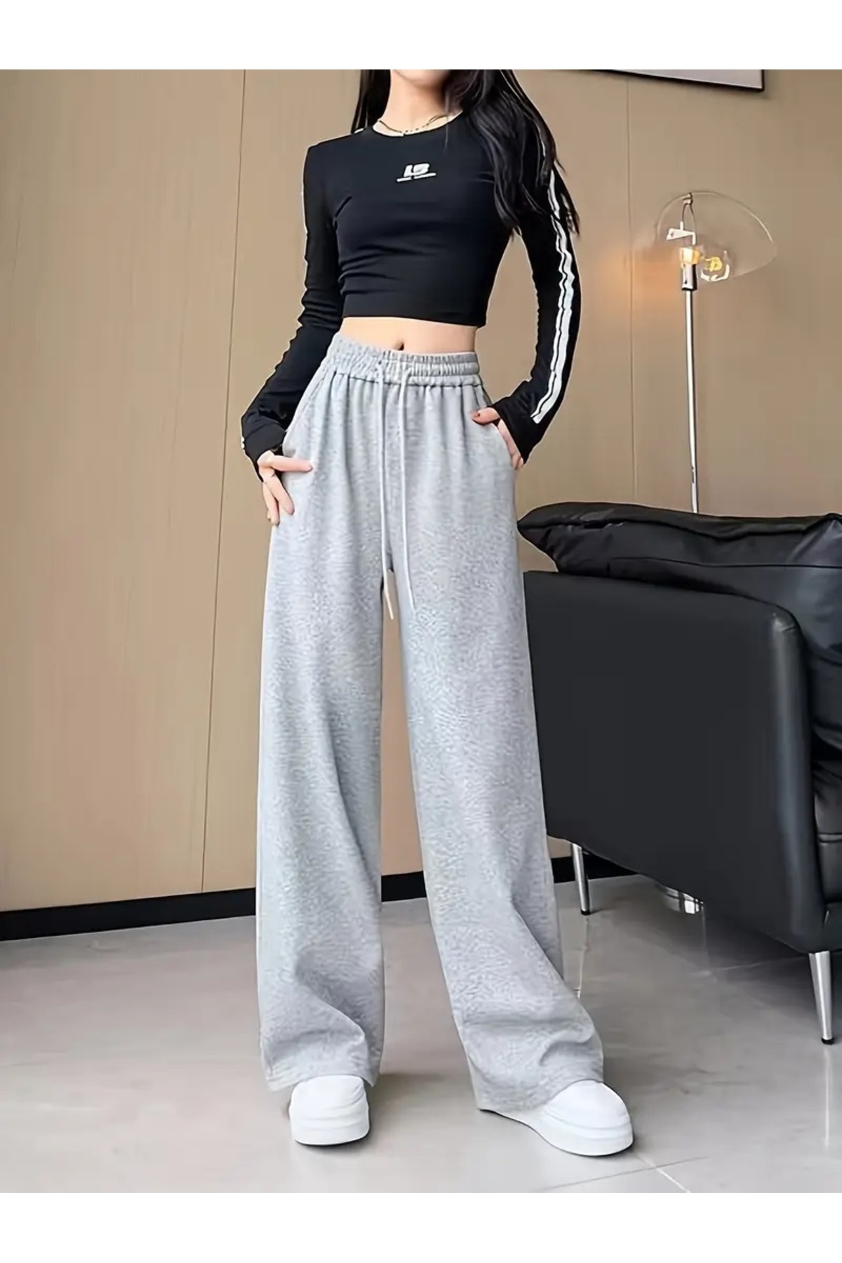 CANDERO Kadın Gri Baggy Battal Büyük Beden Spor Giyim Kaliteli Bol Kesim Esnek Rahat Kumaş Eşofman Altı YUS
