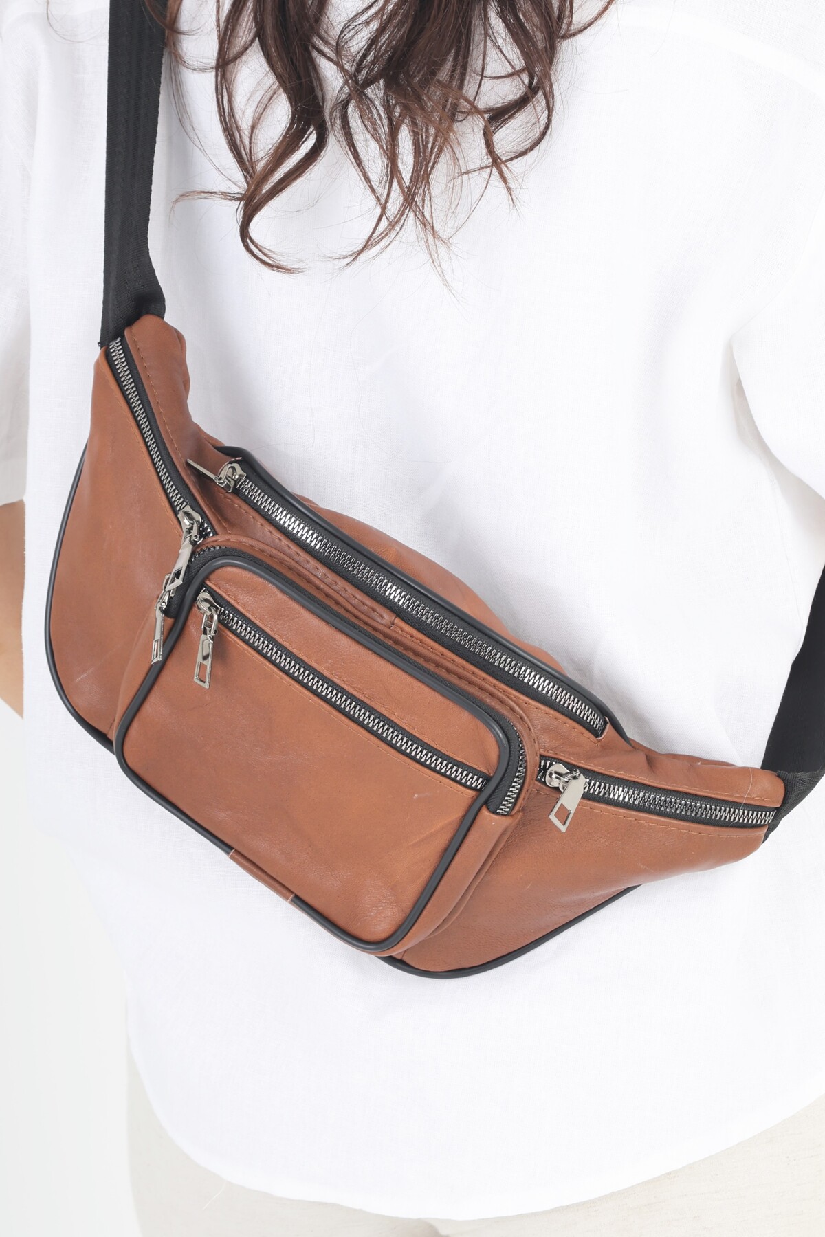 NahitaTyana Unisex Taba Çok Cepli Hakiki Deri Freebag Bel Çantası Ve Omuz Çantası görsel 7