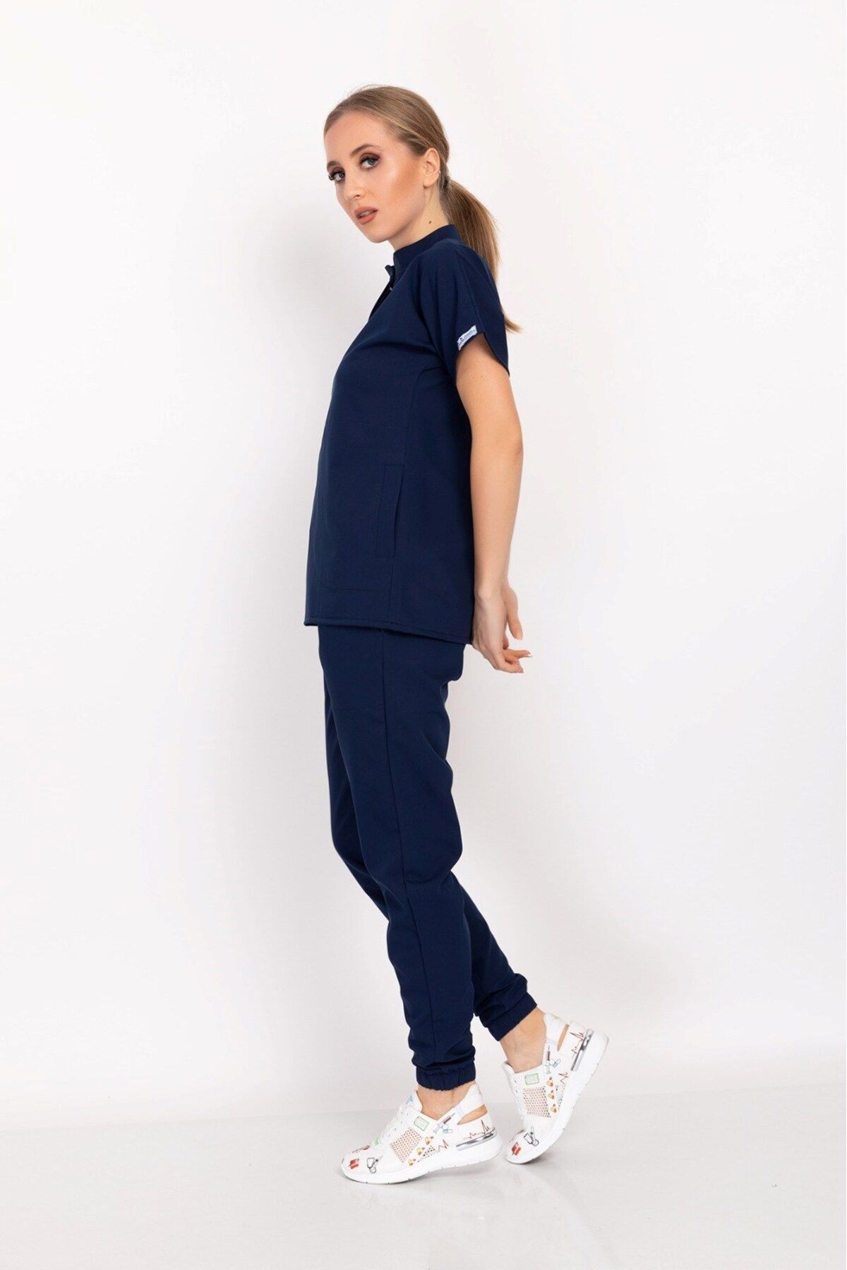 Nur Medikal Giyim-Modelul Çağla Bleumarin Elite Lycra cu Prindere Tip Snap Guler Judecător Doctor Asistentă Scrubs Uniformă 3