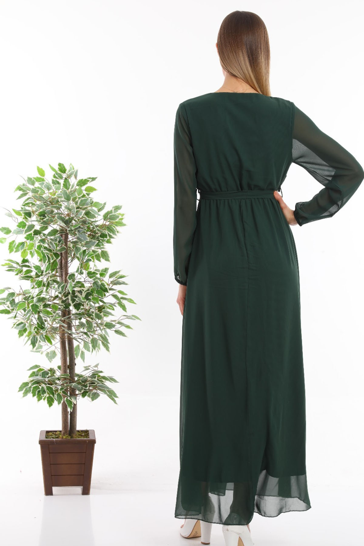 thezkscom-Green Double-breasted Collar Belted Plus Size Chiffon Dress 4