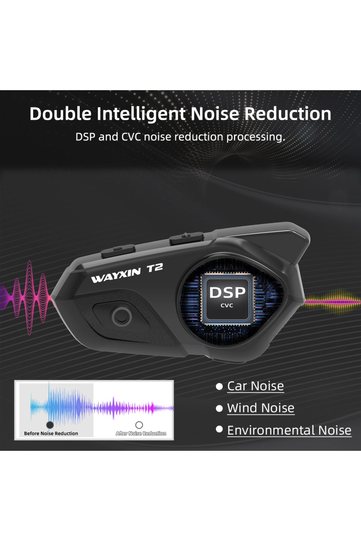 CLAUSTEEL--Wayxin T2 Intercom, BT 5.0, 2 Riders, Noise Cancel, 15h, Half Helmet, Single Pack 3
