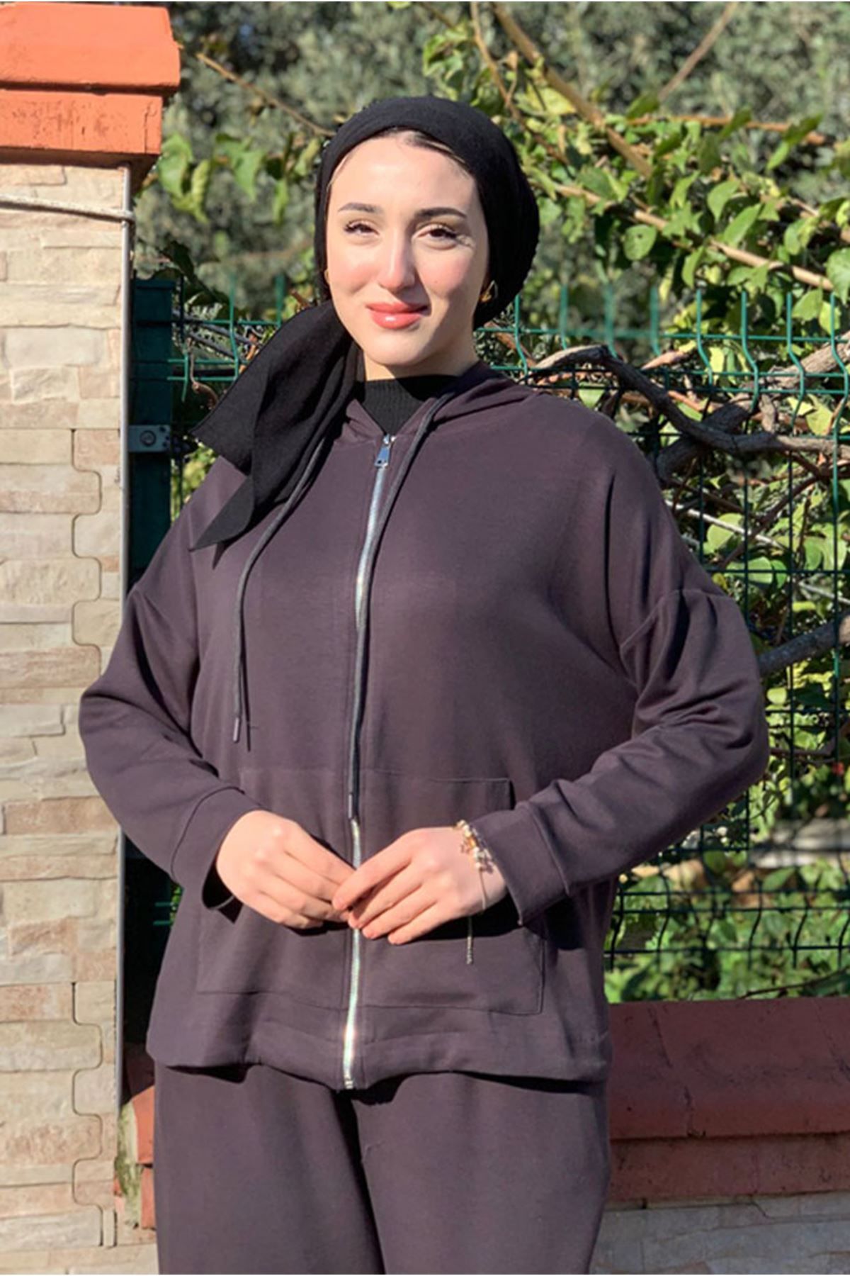 Moda Rosa-25K2257 - Anthracite - Modal Fabric Double Set with Broad Legged Pants 4