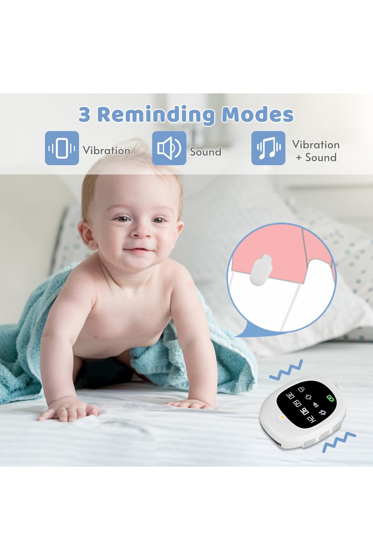 CLAUSTEEL-Wetness Alarm, 4 Modes, Vibration, Timer, Rechargeable, Potty Training Sensor 7