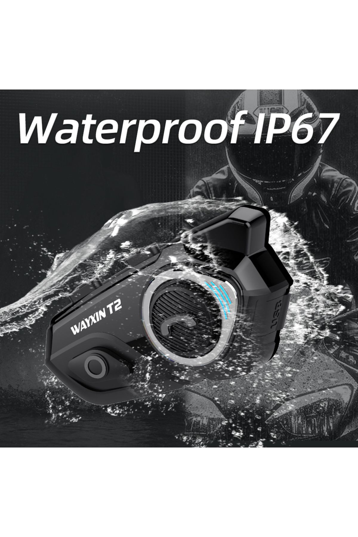 CLAUSTEEL--Wayxin T2 Intercom, BT 5.0, 2 Riders, Noise Cancel, 15h, Half Helmet, Single Pack 2