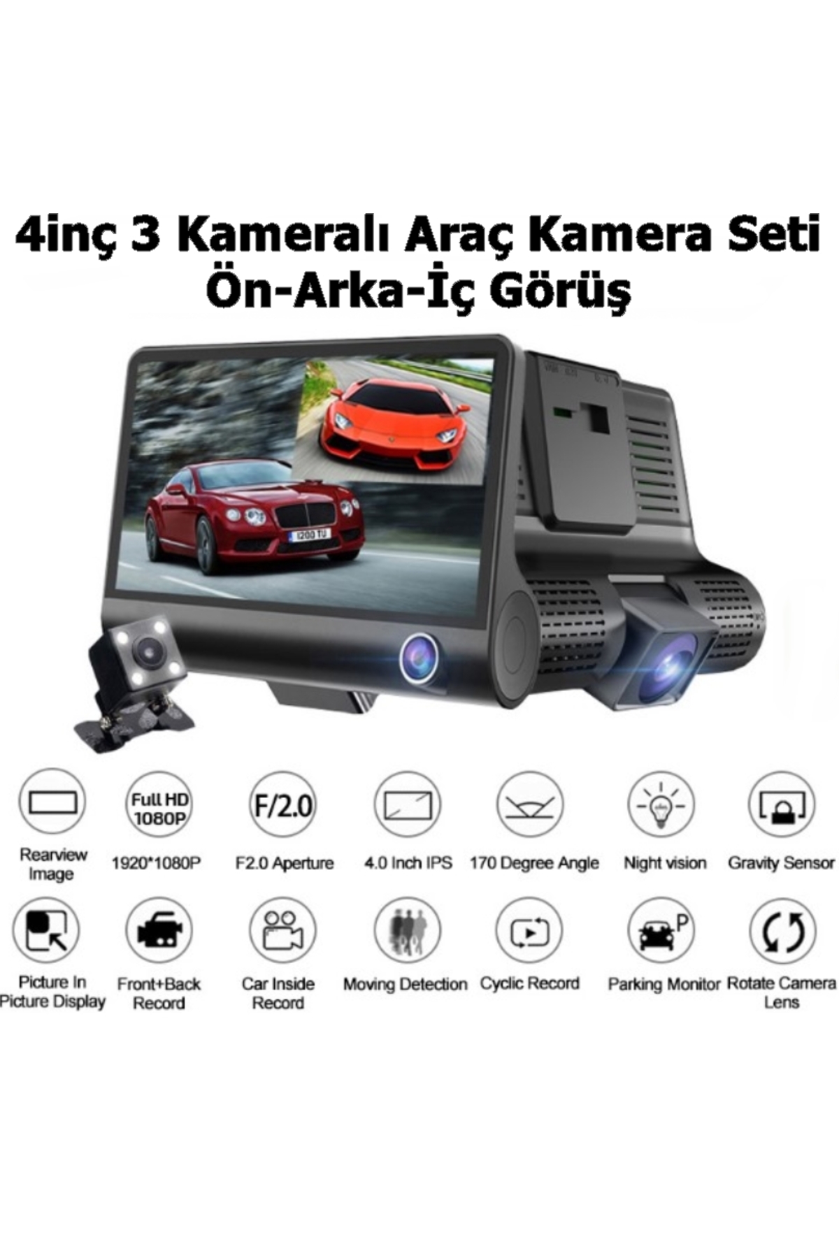 Resim newnet 1080p Full HD 4'' Büyük Ekranlı Araç içi Kamera 3 Kameralı (Ön Görüş-Geri görüş-İç Görüş) Gece Görüş 