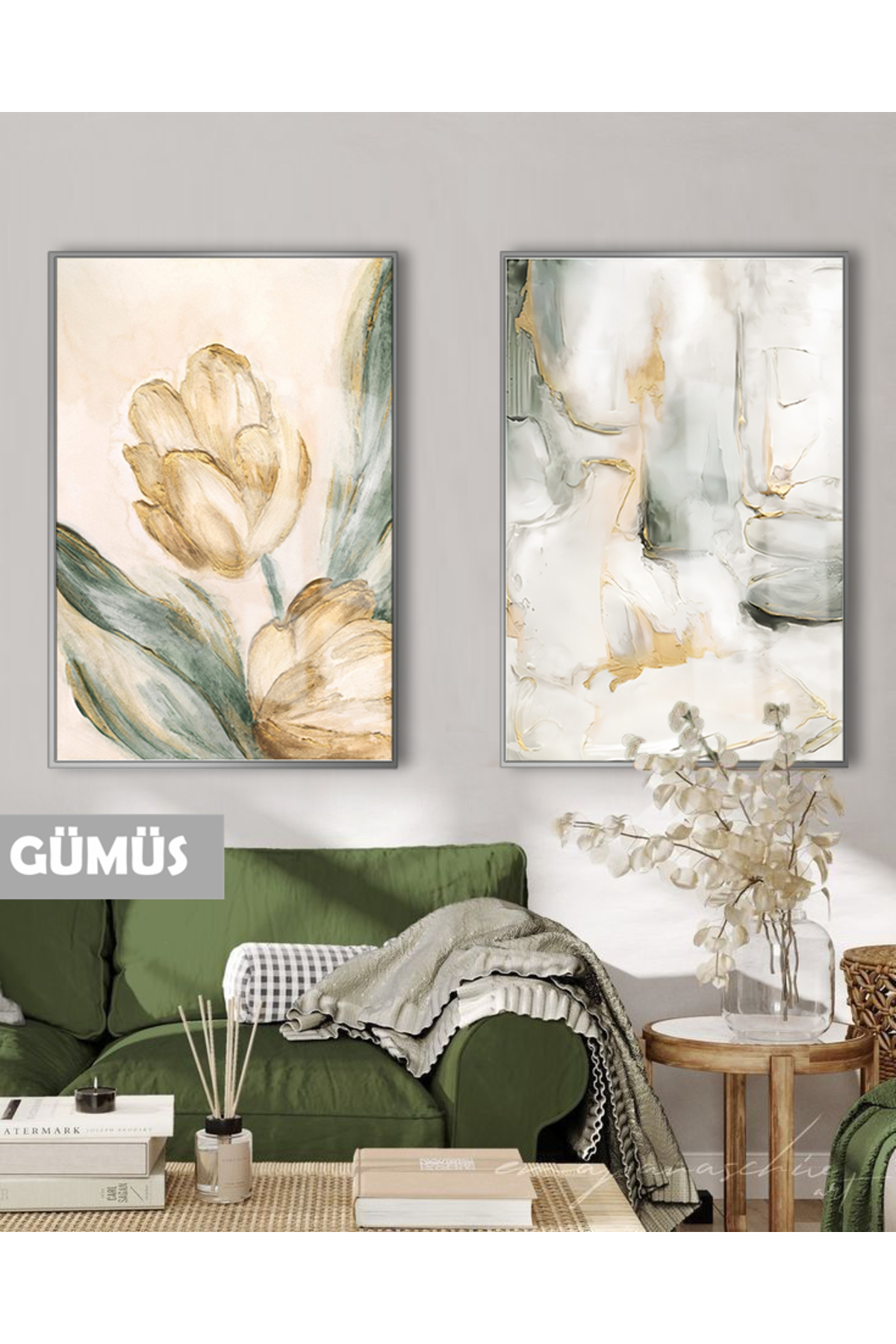 HARIKABIREV|SARI&GREEN ABSTRACT TULIP MODERN COMBINATION |FRAMED GLASS TABLE 2-PIECE VERTICAL