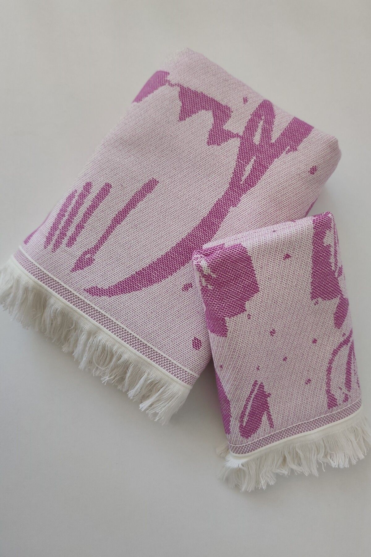 Sevim-100% Cotton Fringed Jacquard Tulip Patterned Peshtemal and Peskir Set-Fuchsia 6