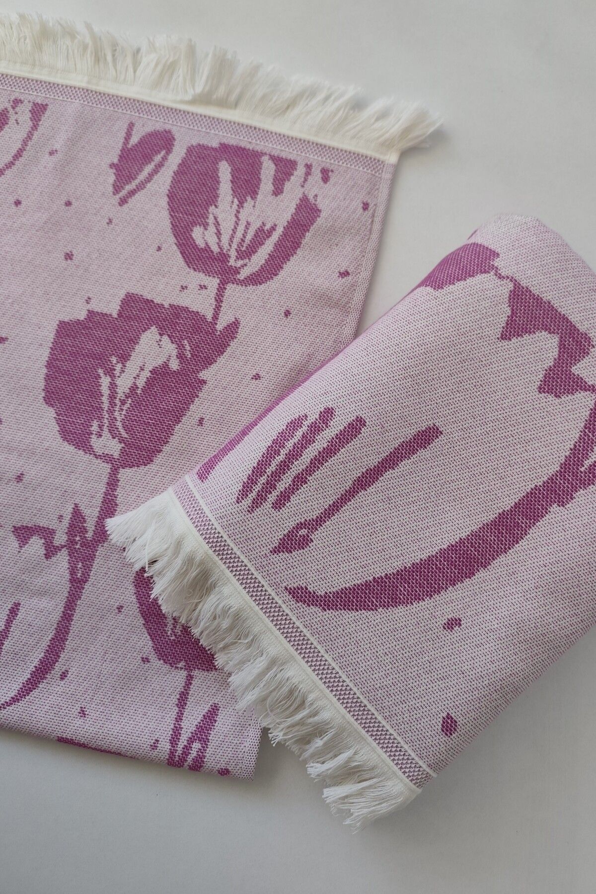 Sevim-100% Cotton Fringed Jacquard Tulip Patterned Peshtemal and Peskir Set-Fuchsia 5
