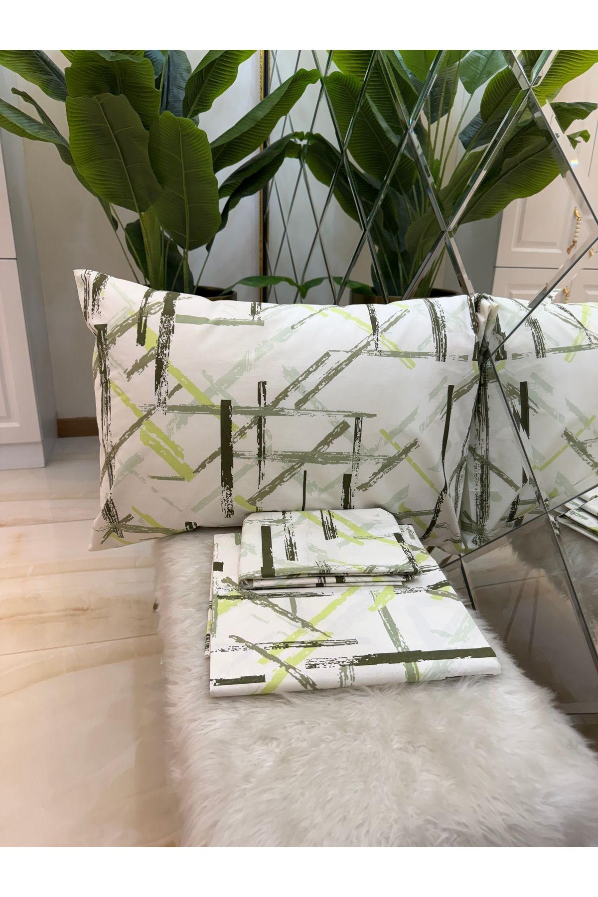 micoton-Patterned Double 100% Cotton Non-Elastic Sheet and Pillowcase Set 4