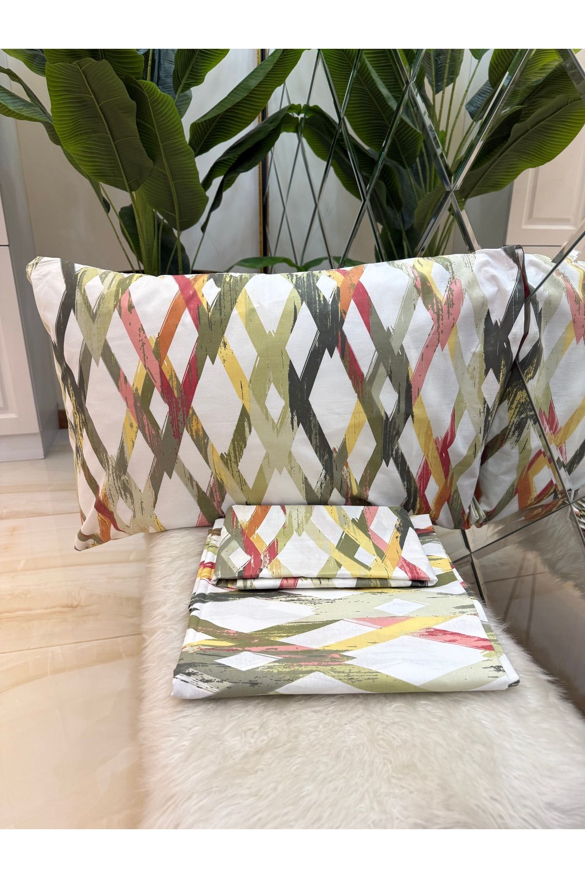 micoton-Patterned Double 100% Cotton Non-Elastic Sheet and Pillowcase Set 6