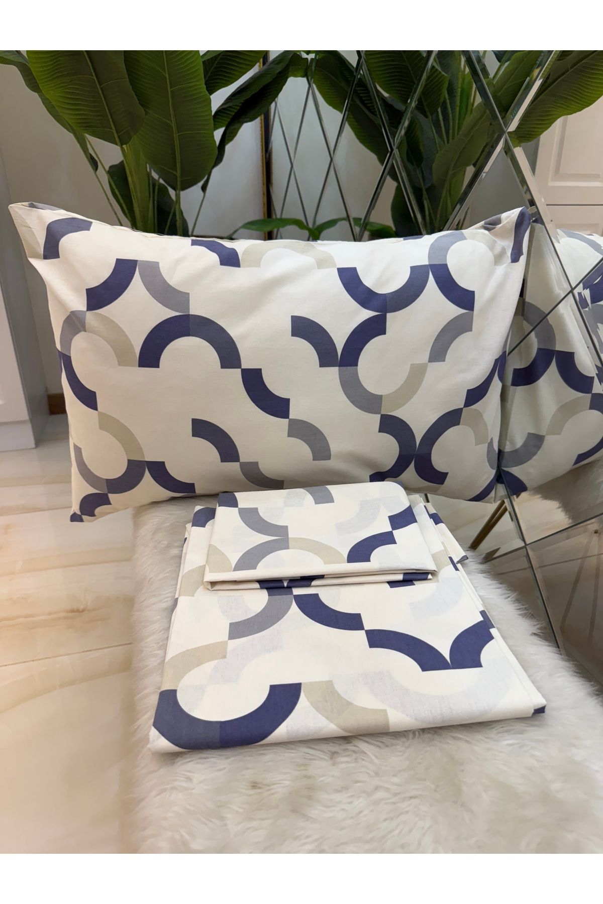 micoton-Patterned Single 100% Cotton Elasticless Sheet and Pillowcase Set 1