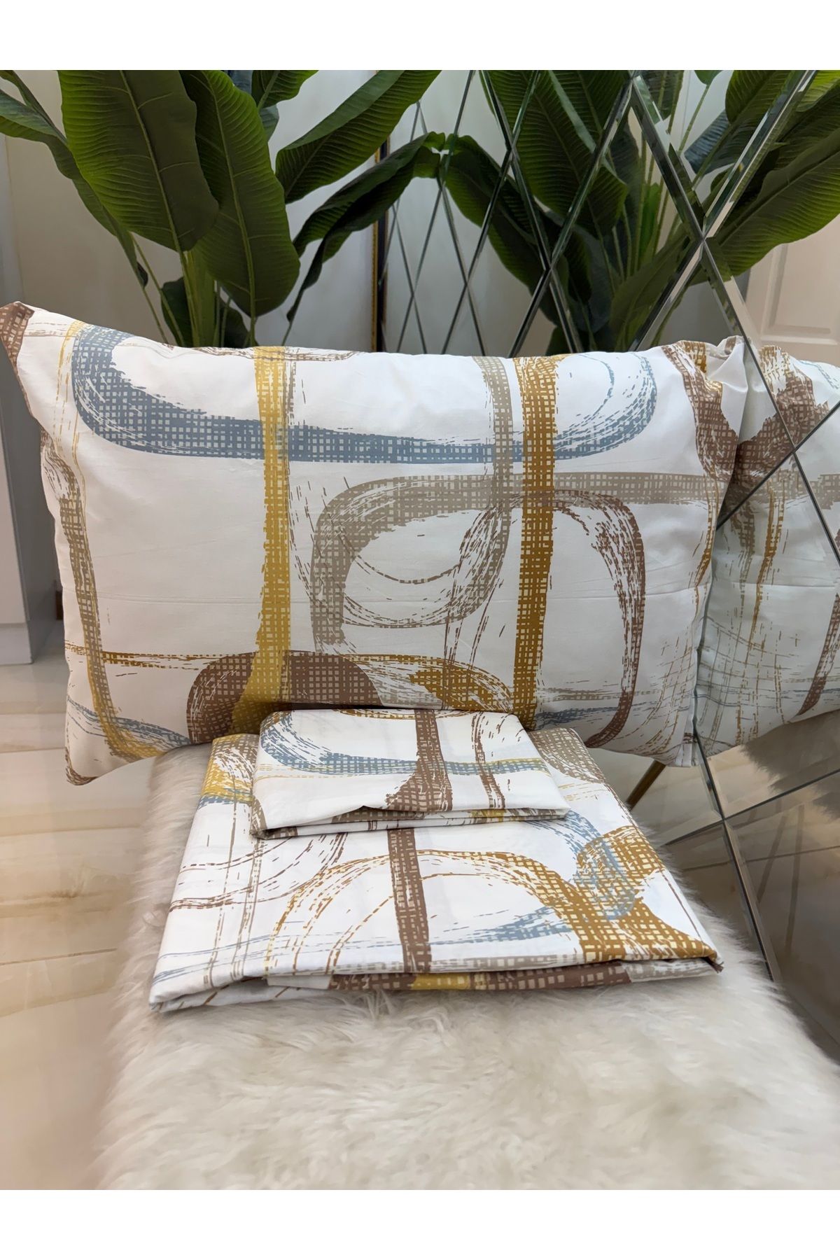 micoton-Patterned Single 100% Cotton Elasticless Sheet and Pillowcase Set 4