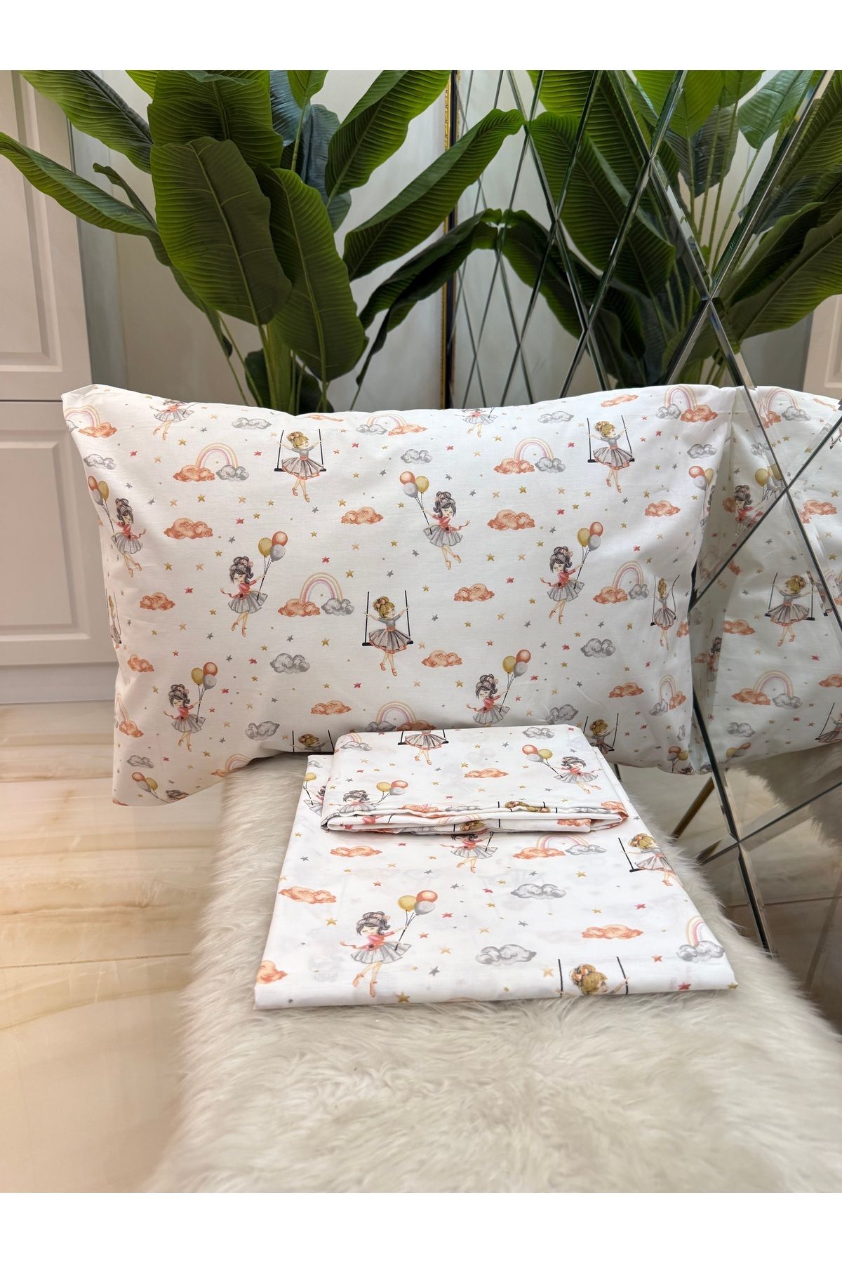 micoton-Patterned Single 100% Cotton Elasticless Sheet and Pillowcase Set 3