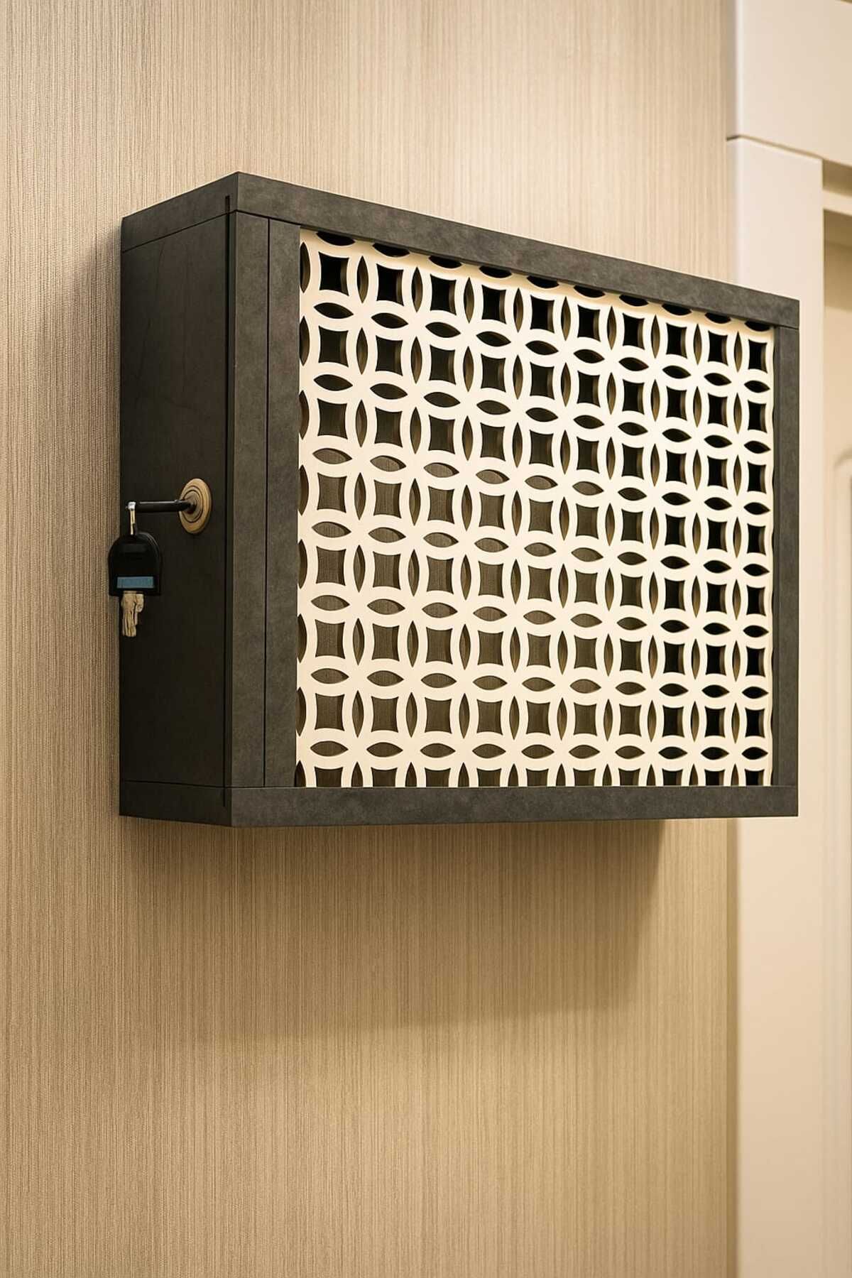 EMİZEY-Decorative Interlocking Marble Pattern Wall Hanging Insurance and Modem-Wifi Storage Box 30X40Cm 1