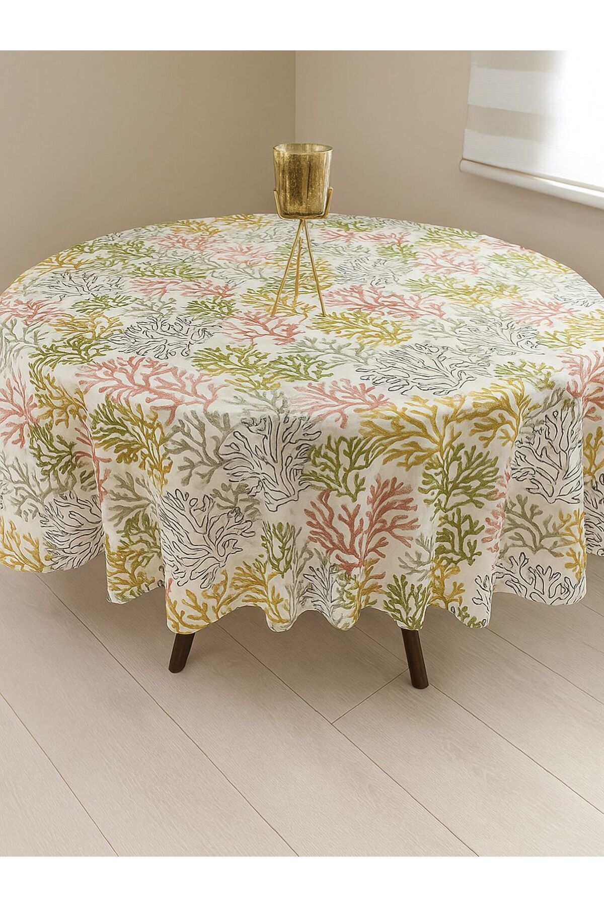 Zeren Home-Liquid Proof Linen Fabric Worry-Free Round Table Cloth Coral Pattern 1