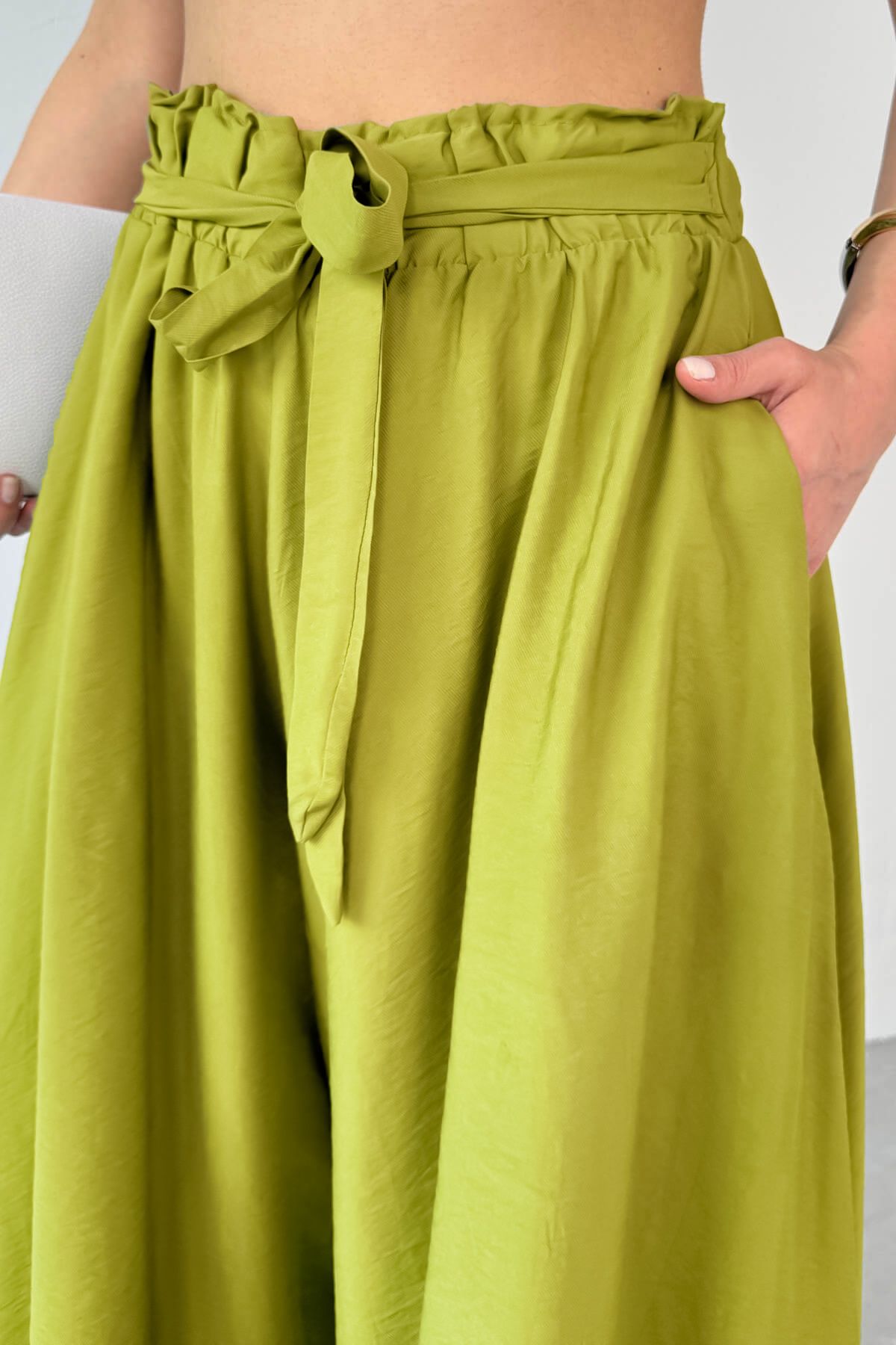 Cappmoda-Pnt-07410 Pistachio Green Blue Woven Belted Shalwar Skirt Trousers 3