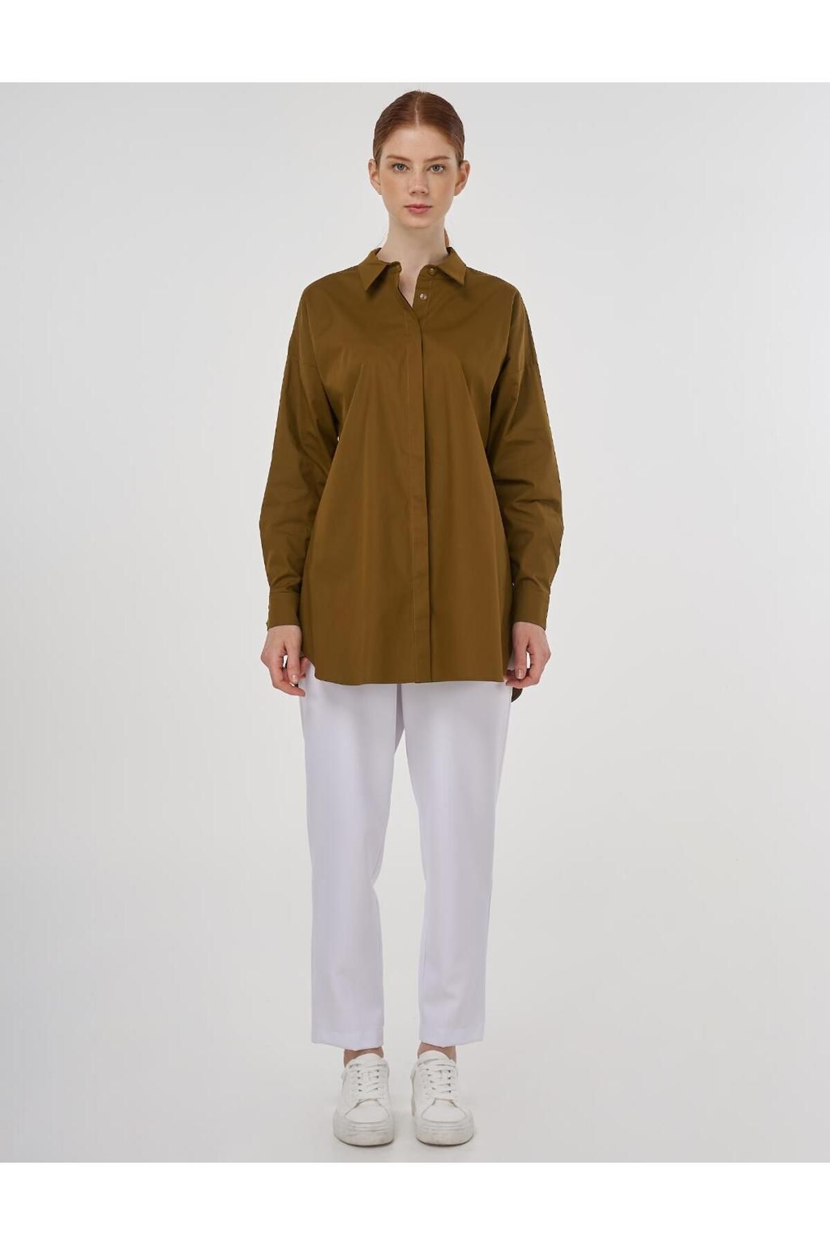 Kayra-Relaxed Cut Cotton Tunic Dark Olive 3