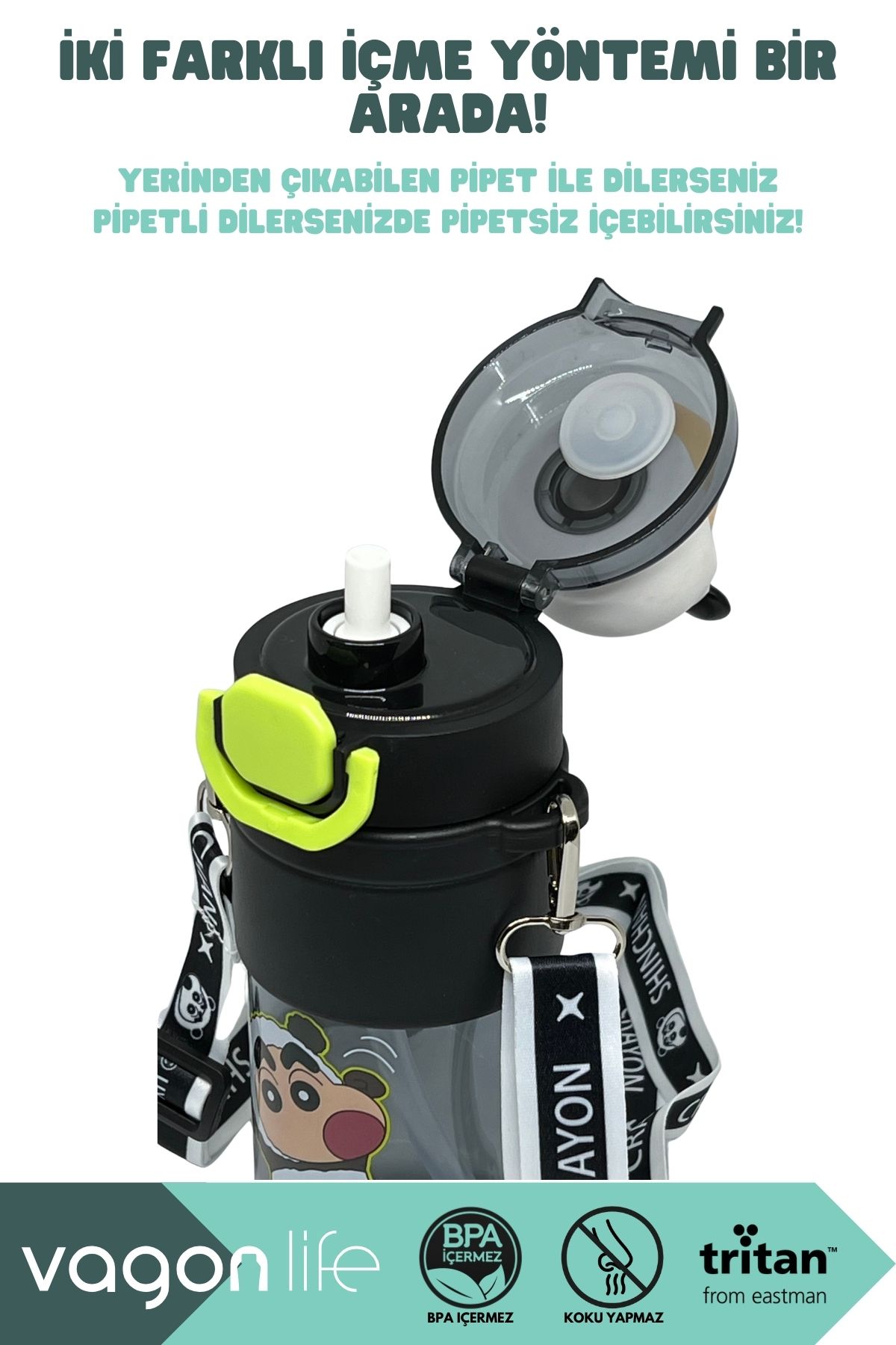 Vagonlife-650ml Crayon Shinchan Figured Cover Tritan Water Bottle with Straw/Without Straw Use with Hand Strap 2