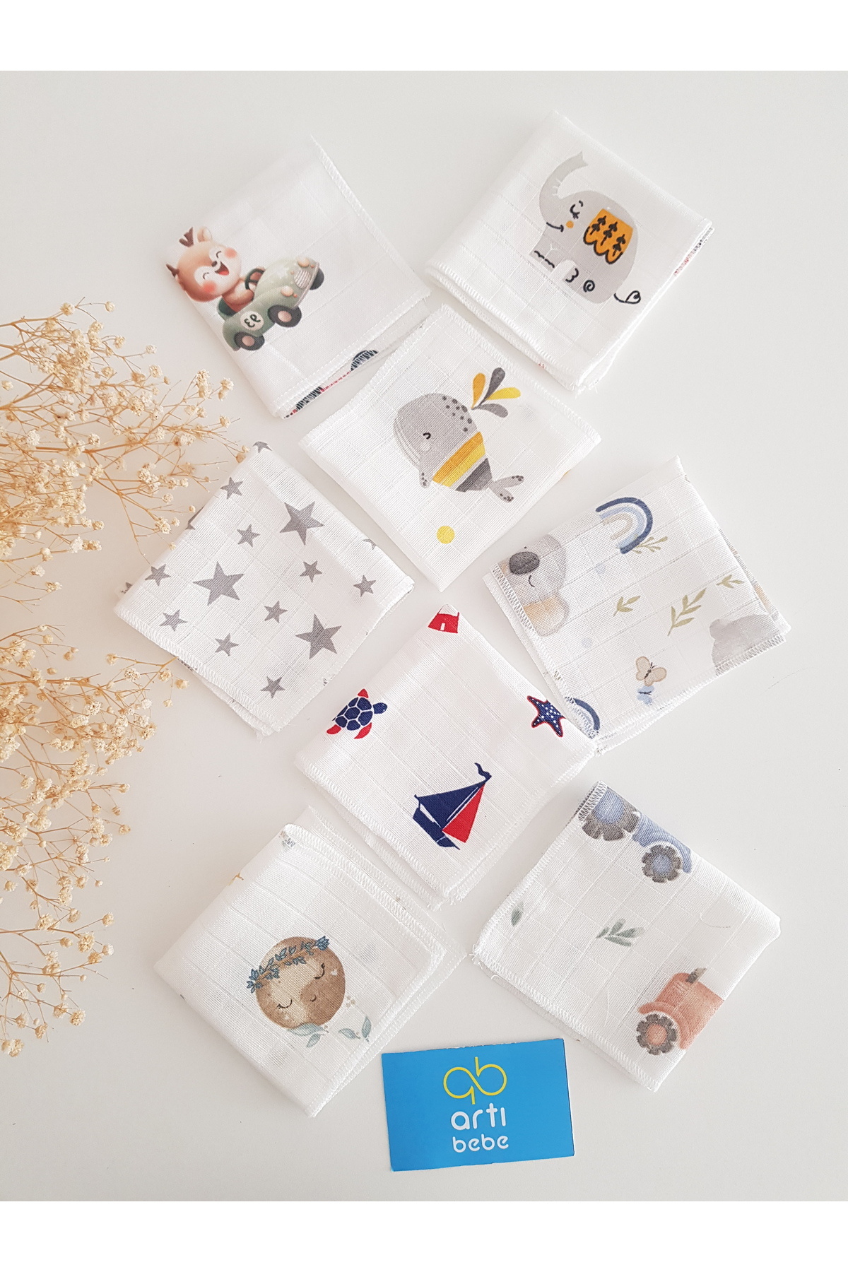Desenli Müslin Ağız Bezi Seti – 8'li %100 Pamuk Bebek Mendili (Yumuşak ve Nefes Alabilen) 19 x 19 cm