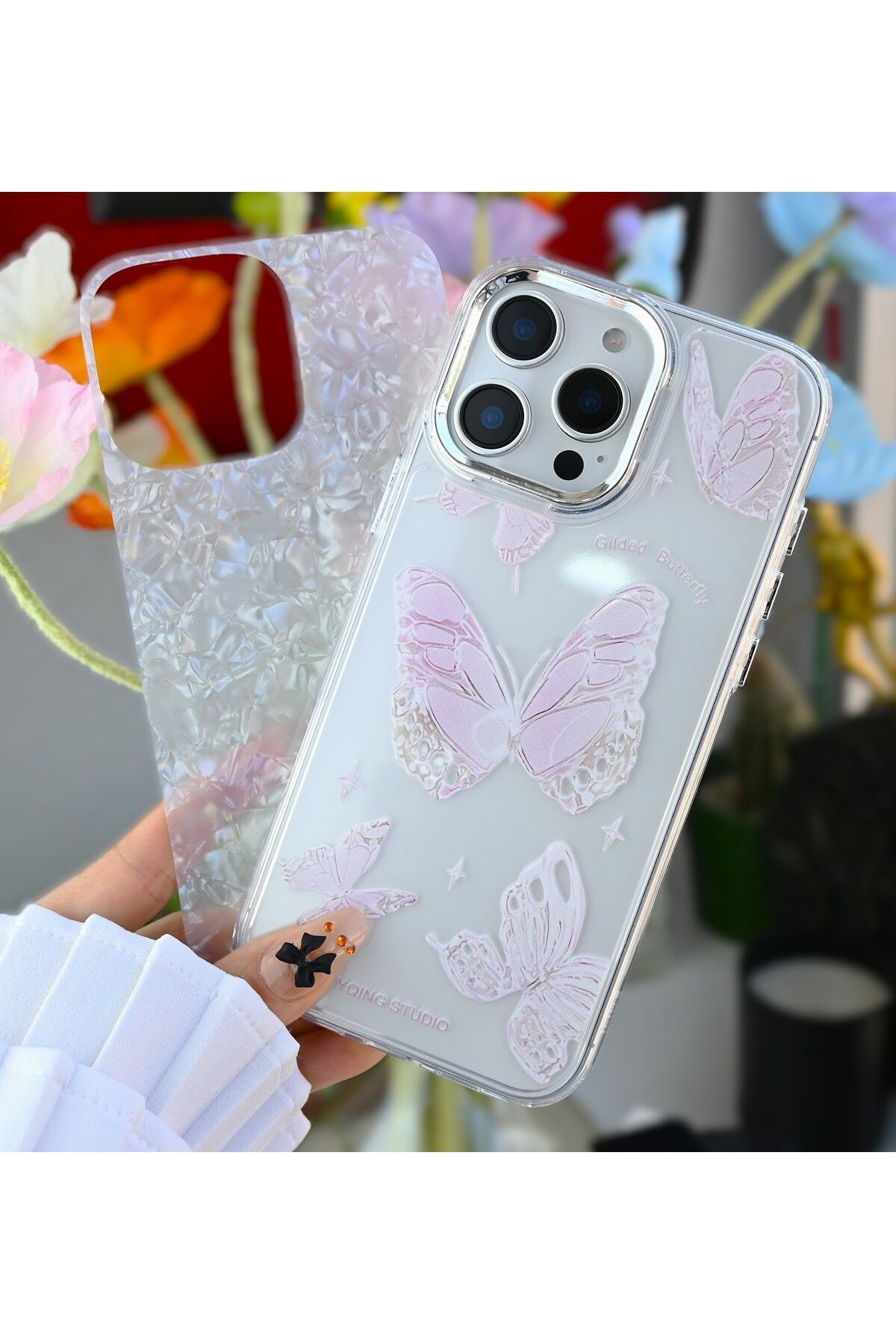Go Aksesuar-iPhone 16 Promax Compatible 2in1 Silicone Case with Butterfly Print Design 6