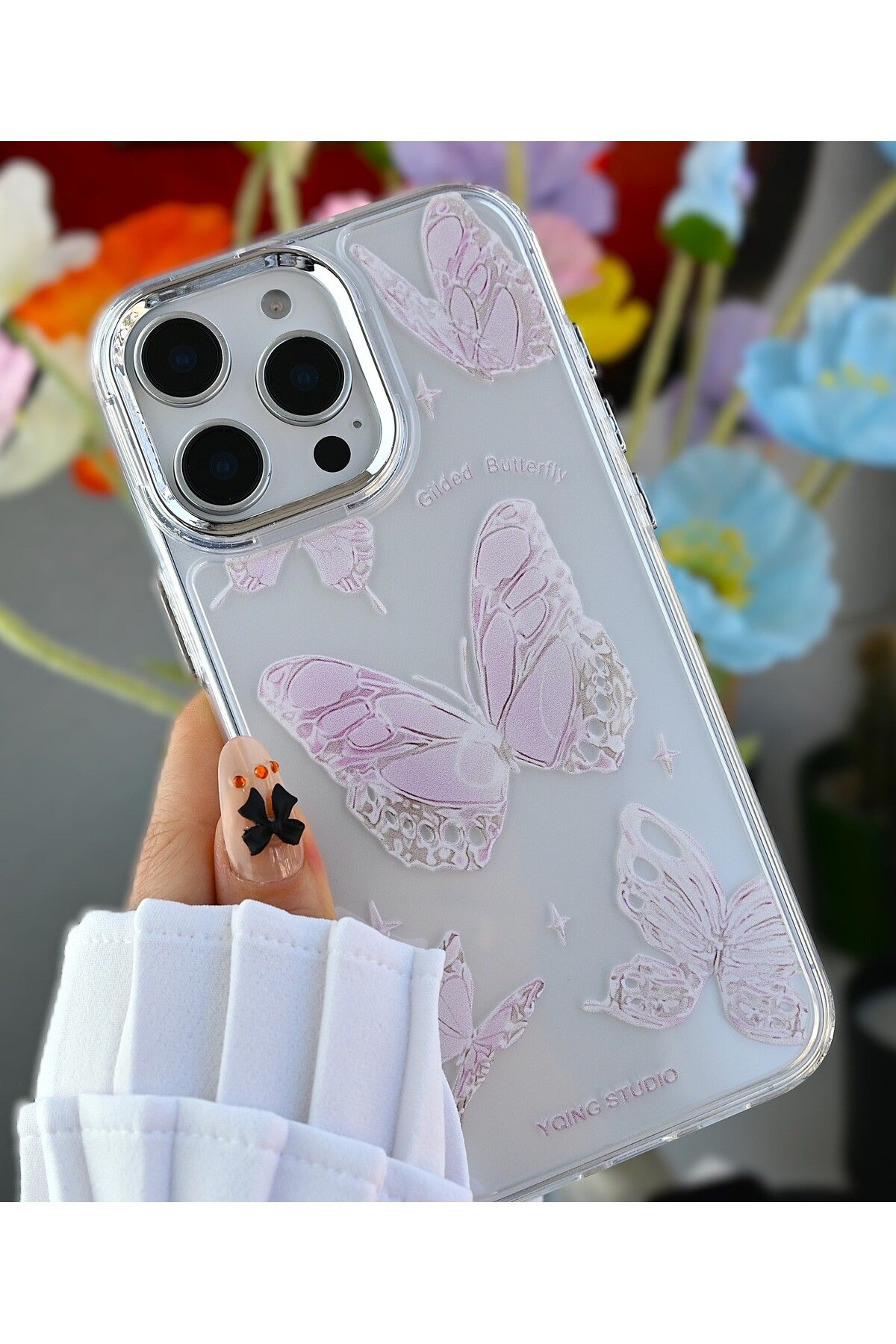 Go Aksesuar-iPhone 16 Promax Compatible 2in1 Silicone Case with Butterfly Print Design 7