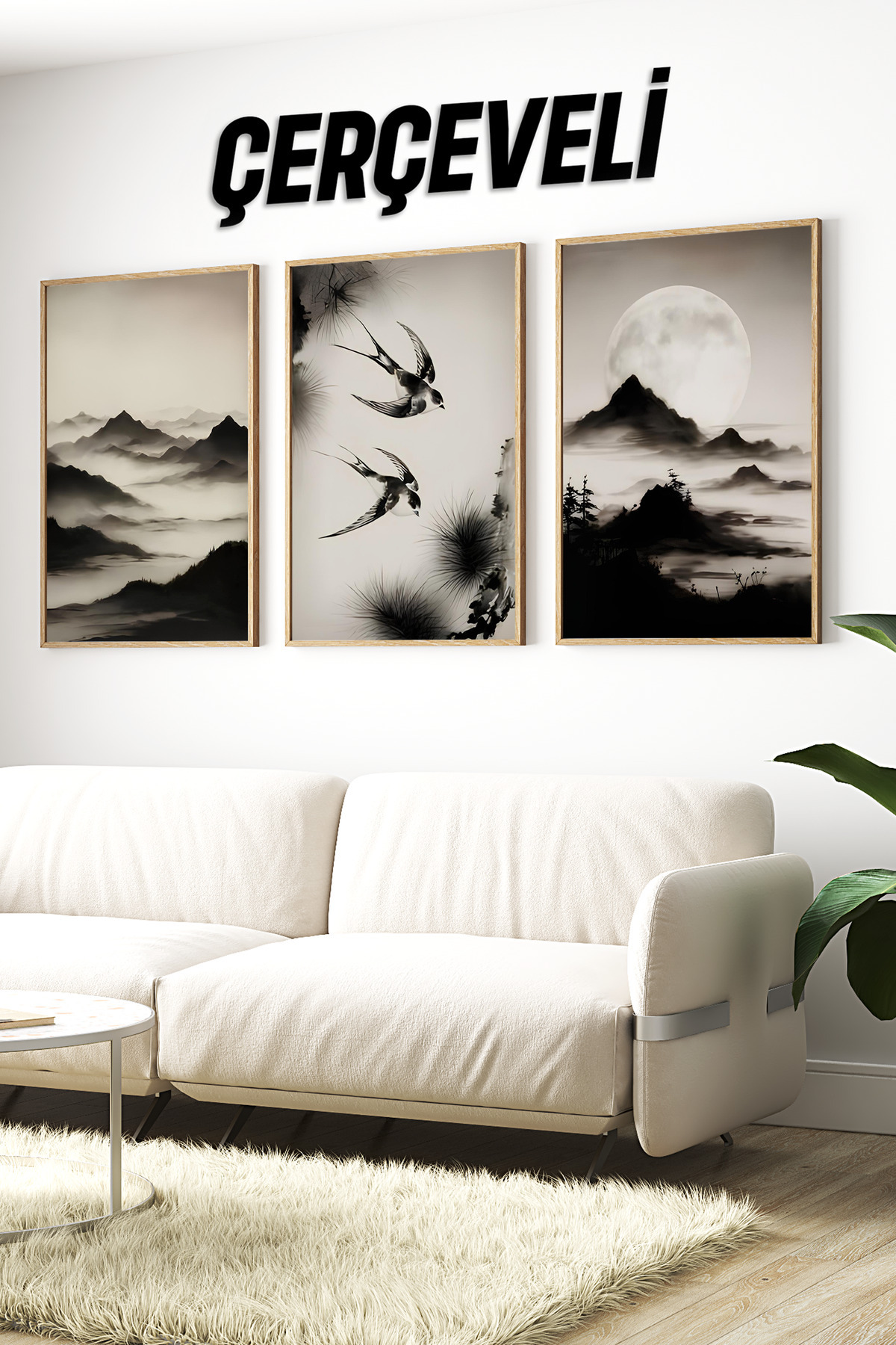 🌄 Doğanın Sessiz Dili: Çerçeveli Siyah-Beyaz Japon Minimalist Stil 3’lü Tablo Seti🌄 CRV1108