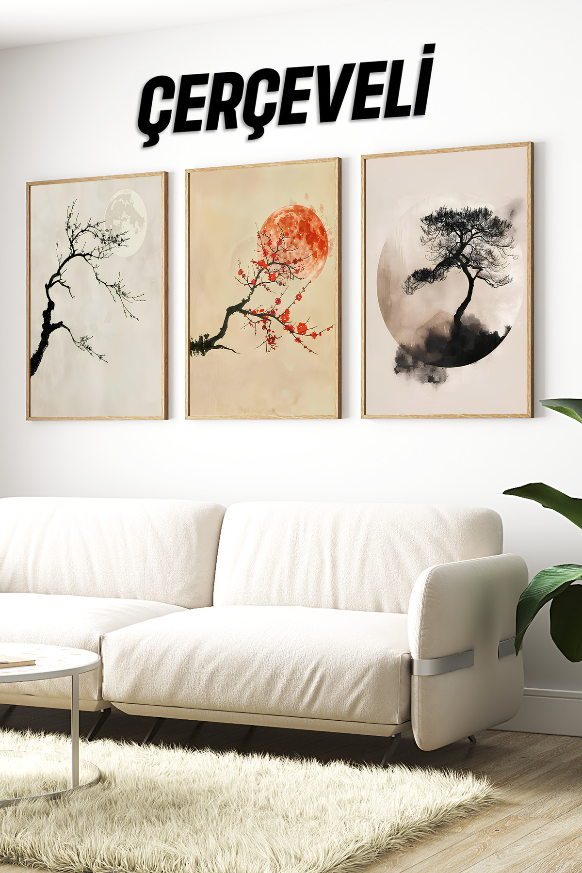 🌕 Japon Esintili Ağaç ve Ay Temalı 3'lü Çerçeveli Tablo Seti 🌸 CRV1110