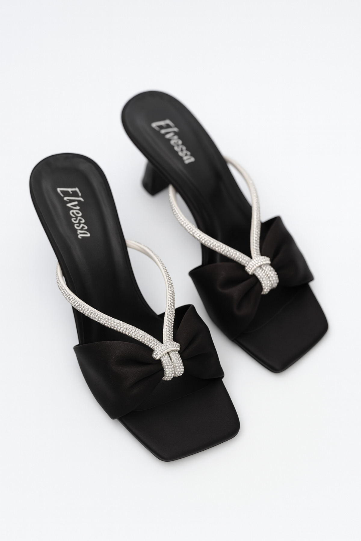 Elvessa  Siyah Saten Parlak Taş Detaylı 5 cm İnce Topuklu Terlik Şık Gece Gündüz Davet Abiye Ayakkabı - Görsel 3