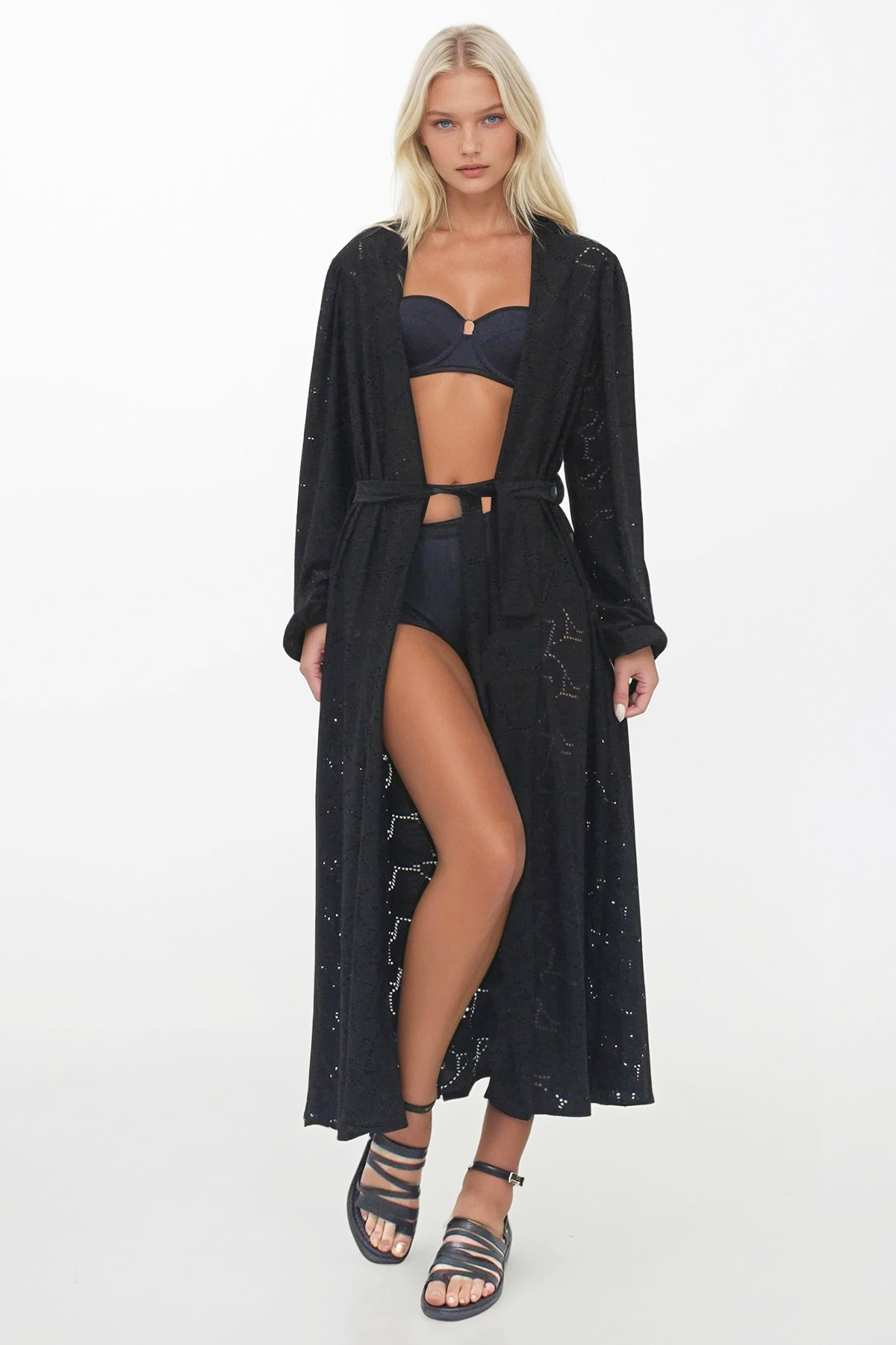 Kadın Siyah Kendinden Kemerli Dokulu Ajurlu Kimono ALC-X14256