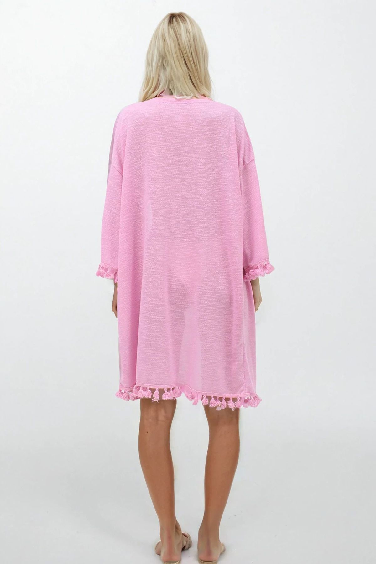 Kadın Pembe Aksesuar Detaylı Örme Krinkıl Eteği Ve Kolu Püsküllü Kimono ALC-X14277