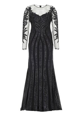 Siyah Transparan Simli Uzun Abiye Elbise AS19LB1190