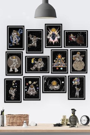 12 Parça Çerçeve Görünümlü Astronot Ve Uzay Galaksi Temalı Mdf Tablo Seti (80x80 Cm) Tontilika-12-17