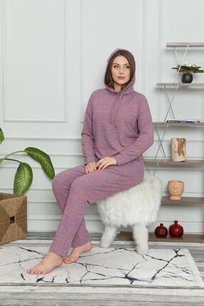 Kadın Mor Kapşonlu Muline Kumaş Pijama Takımı PM0510