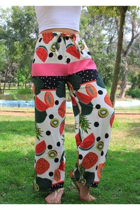 Kadın Renkli Yazlık Yeni Sezon Meyve Yaprak Desenli Pembe Detay Bol Paça Pantalon bl101010