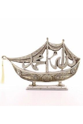 Gemi Model Gümüş Allah Muhammed Yazılı Taşlı Biblo 45 Cm BT-4656780-9791