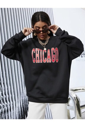 Kadin Siyah Chicaga Baskılı Oversize Sweatshirt Sweatshirt-Siyah-Chicaga