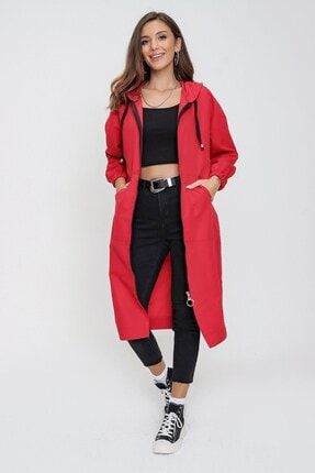 Kadın Kırmızı Kapüşonlu Cepli Fermuarlı Soft Cotton Trençkot S-21K0250025-Kırmızı