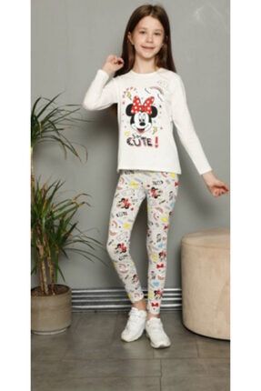 Kız Çocuk Yıldız Papatya Mickey Minnie Desenli Disney Pijama Takımı Beyaz Uzun Kol Üst Desenli Tayt lolminniedisneypembeyesilbeyaz