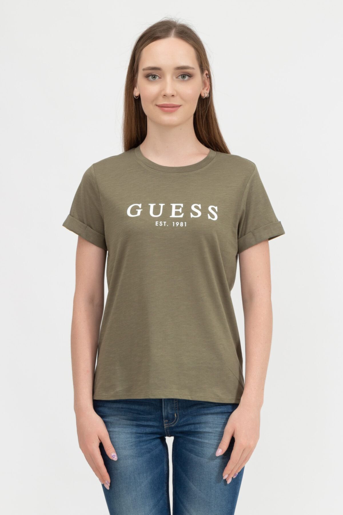 تیشرت برند گس اصل زنانه سبز زیتونی ساده Guess