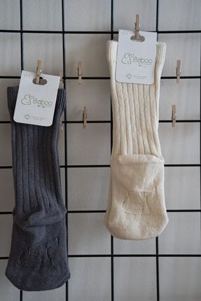 2'li Diz Altı Organik Pamuklu Çorap - Gri Krem DZCRP