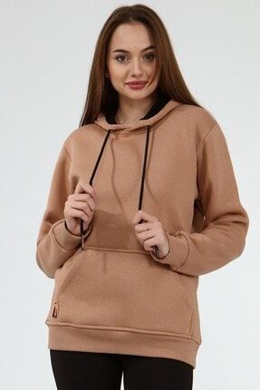 Karamel Renk Kapüşonlu Kanguru Cep Kadın Sweatshirt 1200