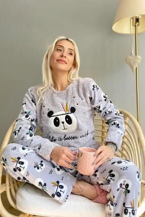 Kadın Gri Life Panda Desenli Peluş Pijama Takımı 1889