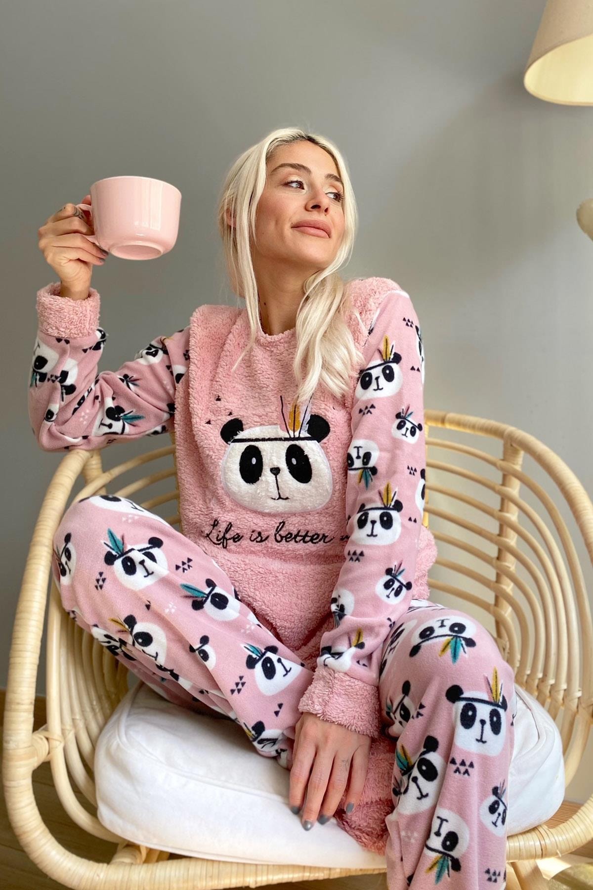 Life Panda Desenli Kadın Peluş Pijama Takımı