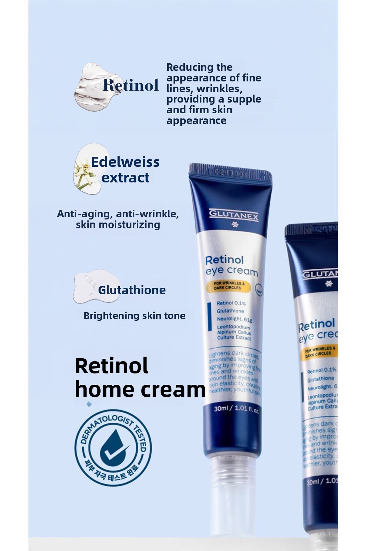 GLUTANEX-Retinol Eye Cream - 0.1% Anti-Aging, Glutathione, Dark Circles and Fine Lines, 30 ml 3