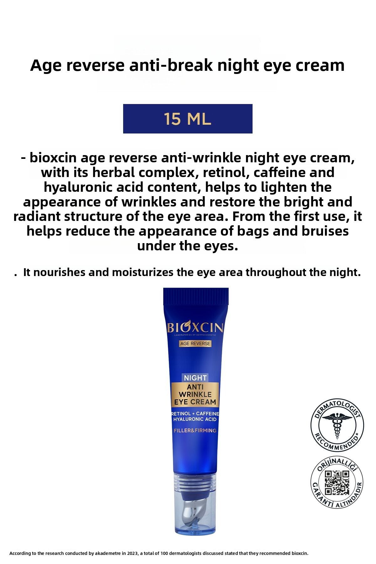 Bioxcin-Age Reverse Eye Cream - 15 ML, 10% Retinol, Caffeine and Plump Firmness 7