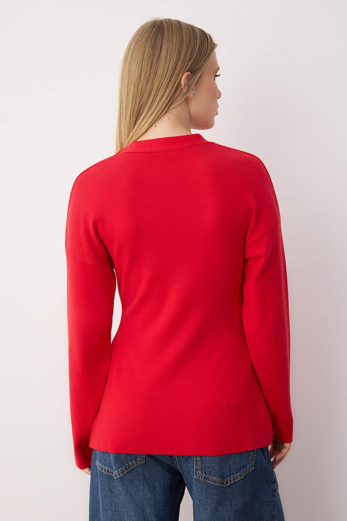 Trendyolmilla  Kırmızı V Yaka Merserize Görünümlü Premium İplik/Özel İplik Triko Hırka TWOAW26HI00079 - Görsel 5