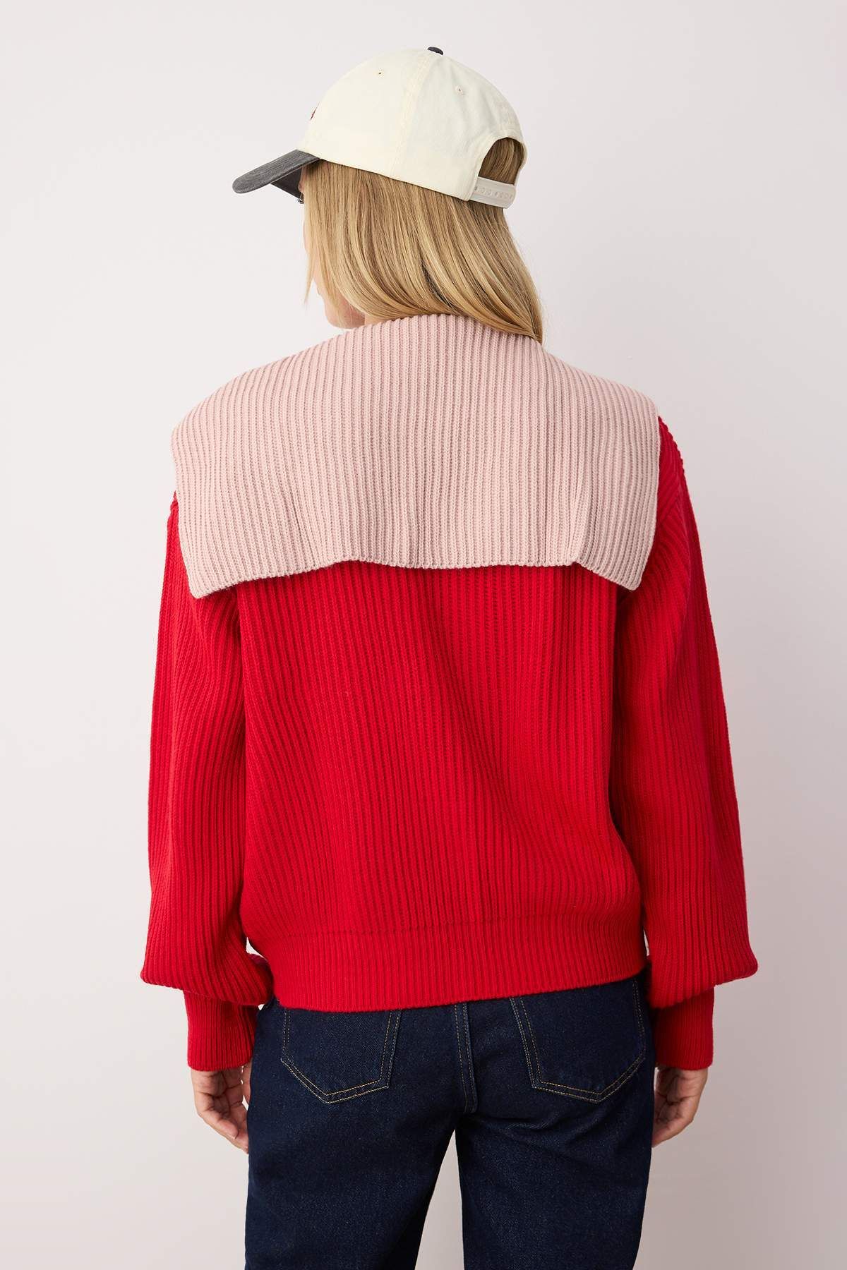 Trendyol Collection-Red Color Block Turn-Down Collar Detailed Soft Textured Knitwear Cardigan Twoaw26Hi00059 4