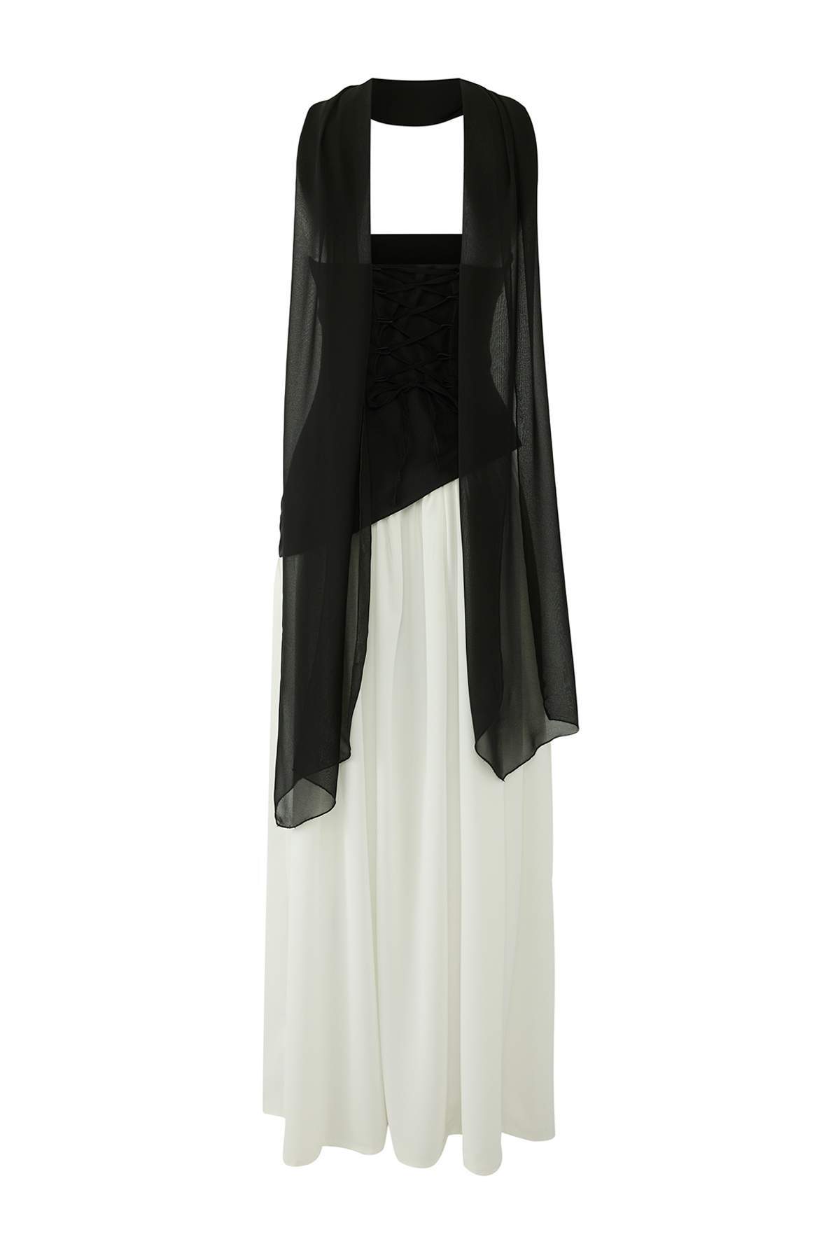 Trendyolmilla  Siyah-Beyaz A Kesim ŞalDetaylı Maxi Şık Abiye Gece Mezuniyet Elbisesi TPRSS25EL00310 - Görsel 7